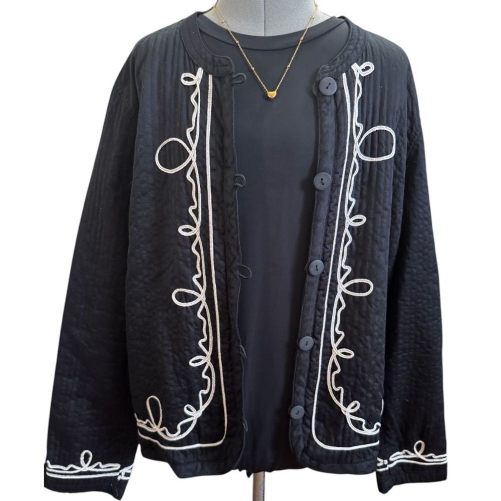 Black lightweight quilted Cotton Embroidered Jacket size S - Picture 2 of 7